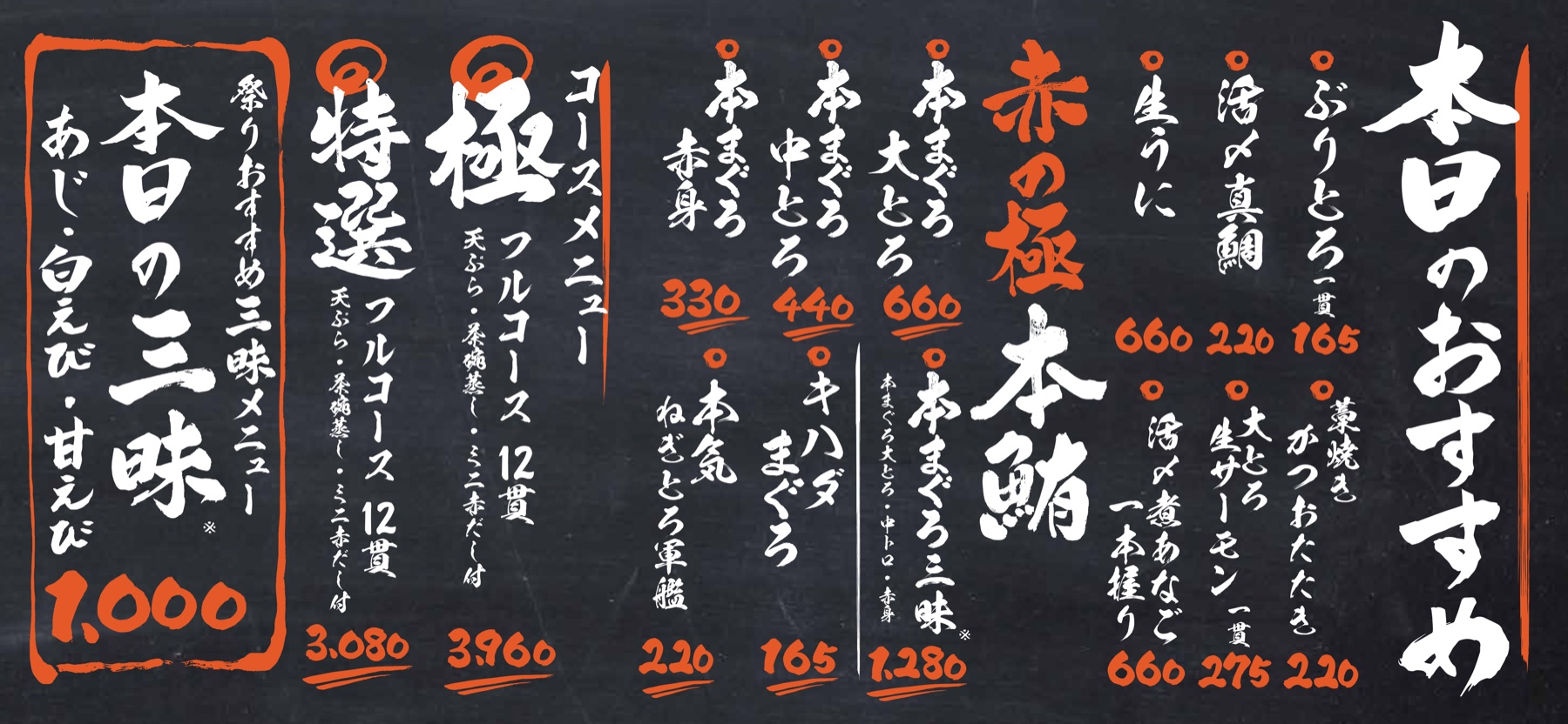 黒板調の手書き寿司メニュー